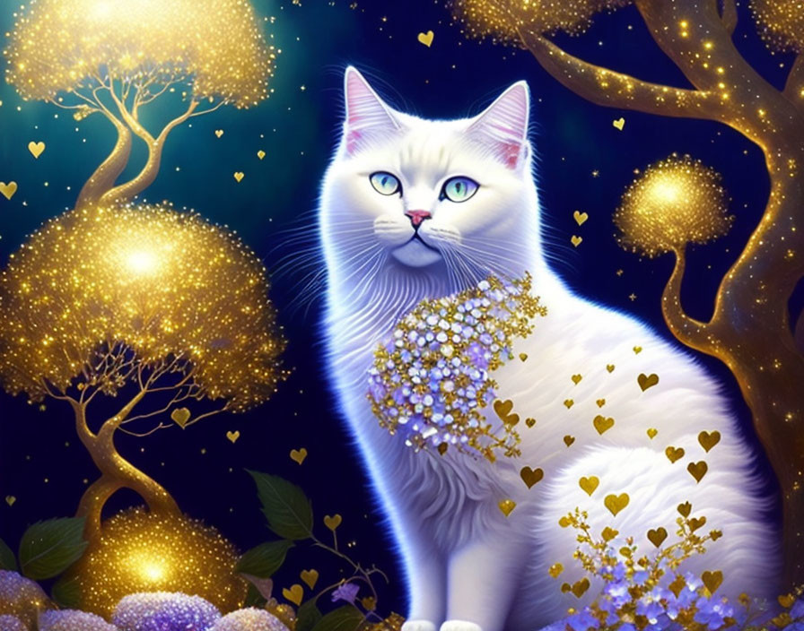 White Cat with Blue Eyes in Mystical Forest with Golden Trees and Sparkles