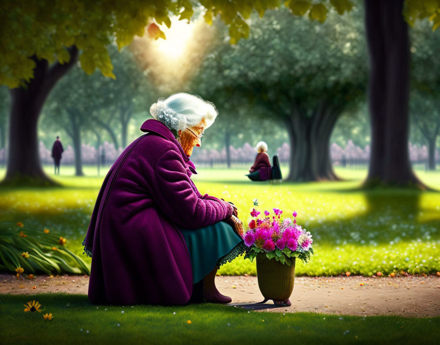 Elderly woman in purple coat on park bench admiring vibrant flowers