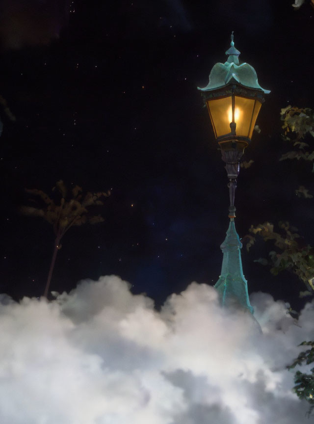 Night Sky Scene: Street Lamp, Stars, and Tree Branch Silhouettes