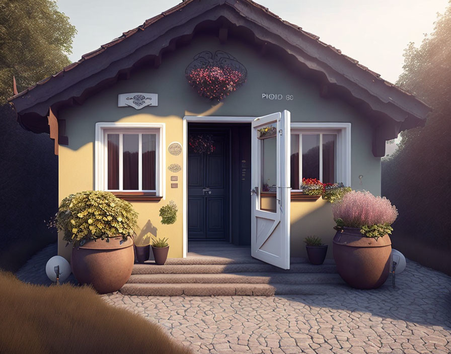 Charming cottage with open door, flower pots, and hanging foliage in warm light