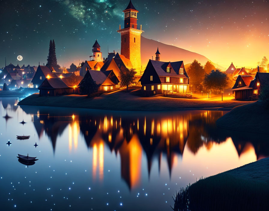 Twilight village with lit homes, river reflection, tower, starry sky, and boats.