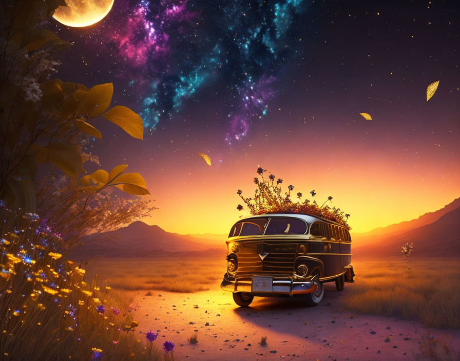 Vintage Bus in Mystical Field with Vibrant Sunset and Starry Sky