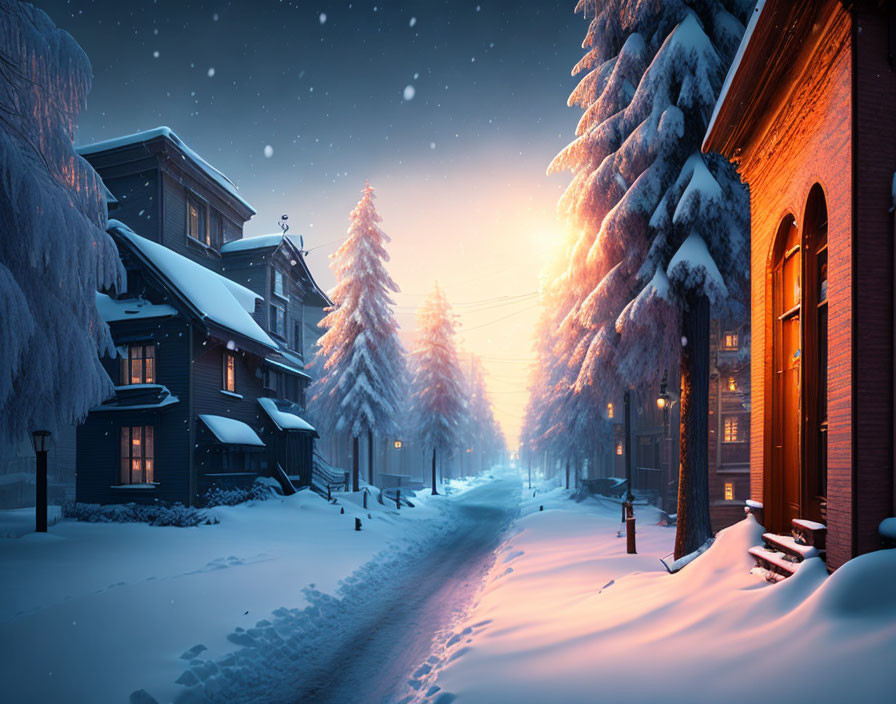 Snow-covered Winter Dusk Scene with Illuminated Streetlights