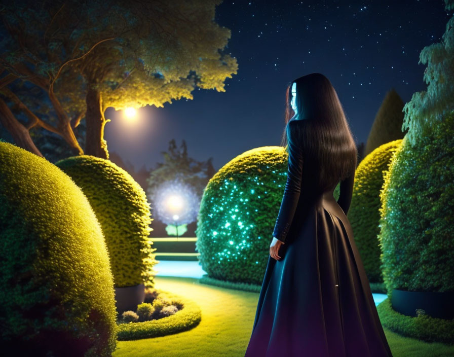 Woman in dark dress in illuminated night garden with starry sky and glowing topiaries