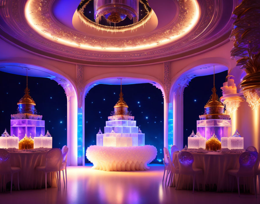 Sophisticated event hall with purple lighting, starry backdrop, lavish tables, and tiered cake