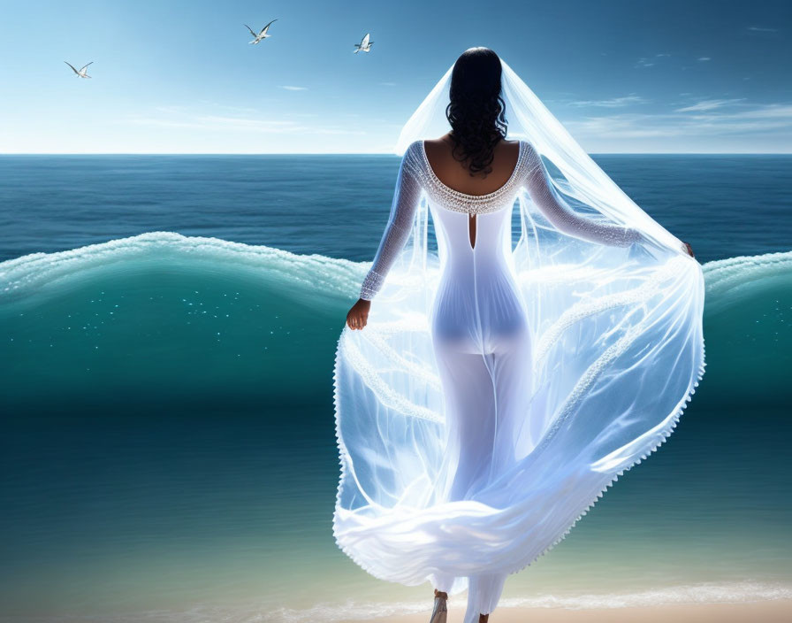 Woman in white dress and veil by ocean with birds and waves