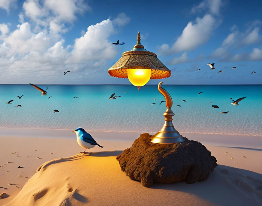 Ornate lamp glowing on sandy beach at sunset with bird and seagulls