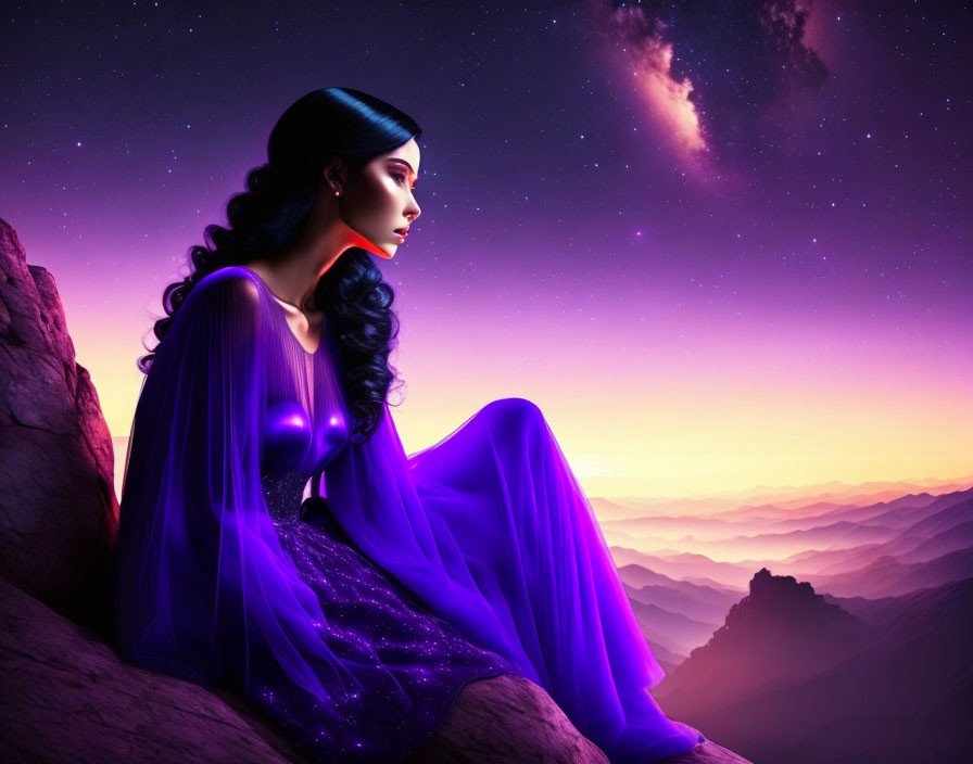 Woman in purple gown gazes at stars on mountain top at dusk