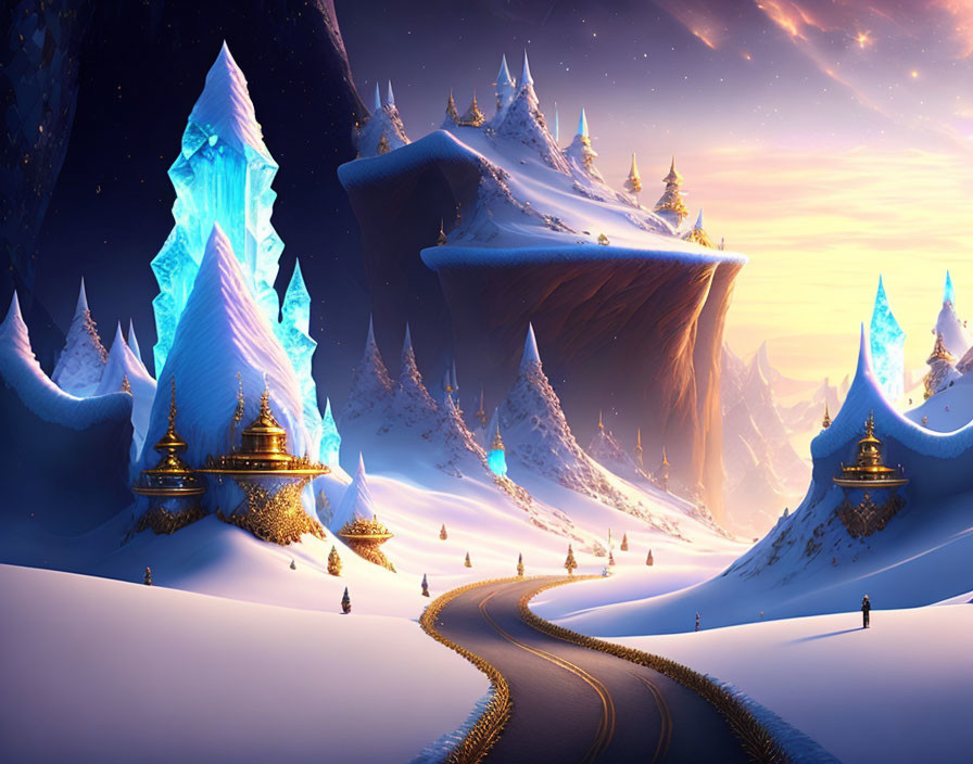 Fantastical winter landscape with glowing ice structures and golden buildings