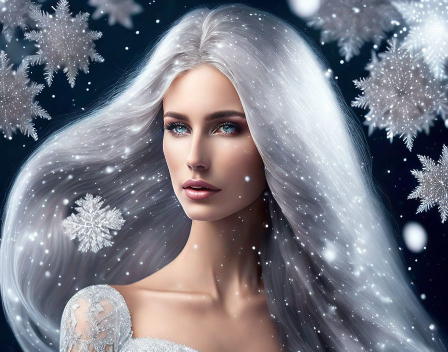 Digital artwork featuring woman with silver hair and blue eyes in snowy night scene