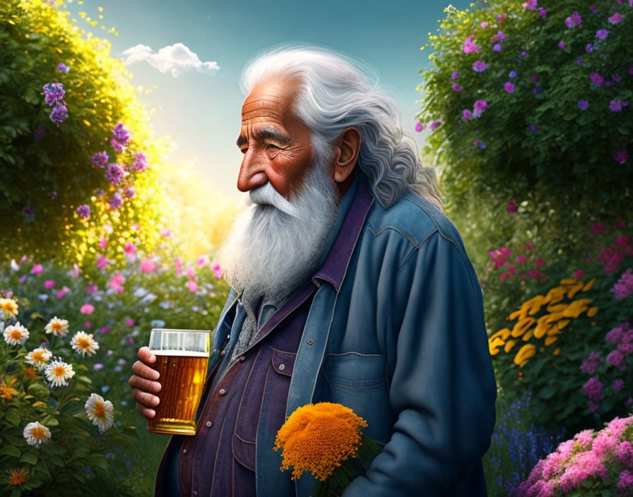 Elderly man with white beard smiling in flower garden with beer glass