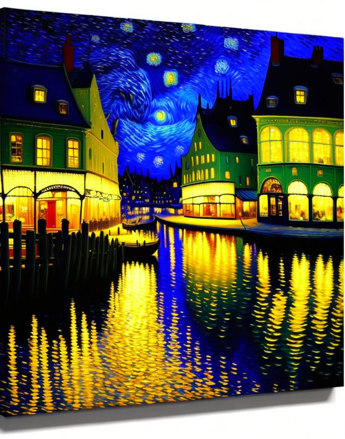 Colorful Starry Night Sky Painting Over European Buildings by Water