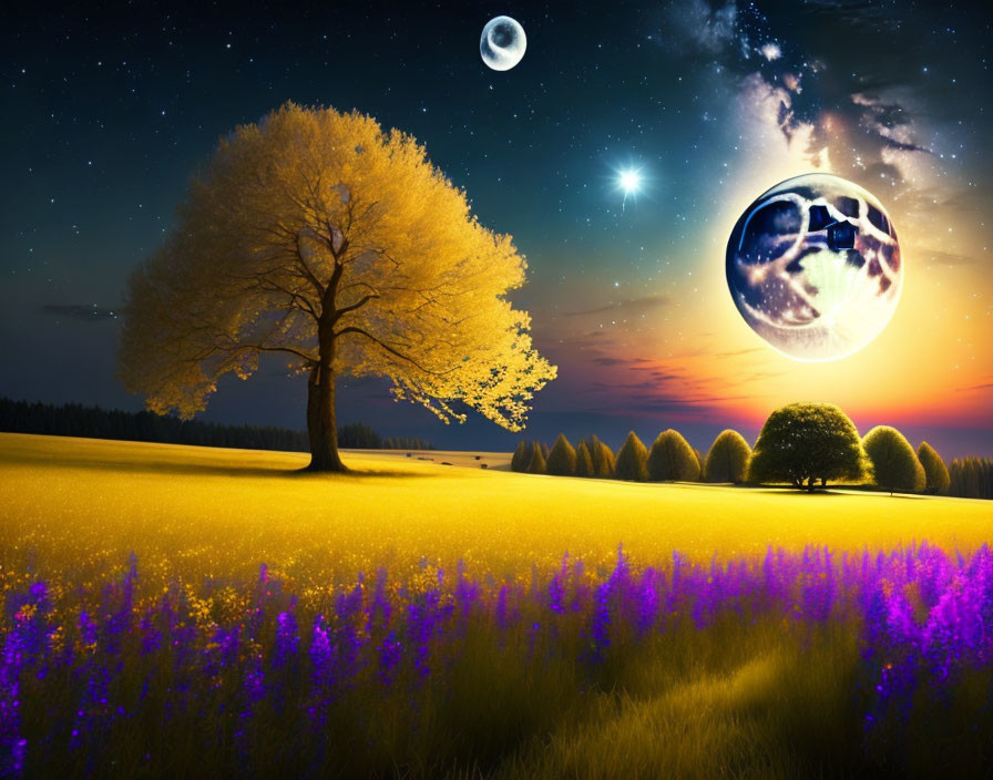 Surreal dusk landscape with glowing tree, purple flora, and large moon