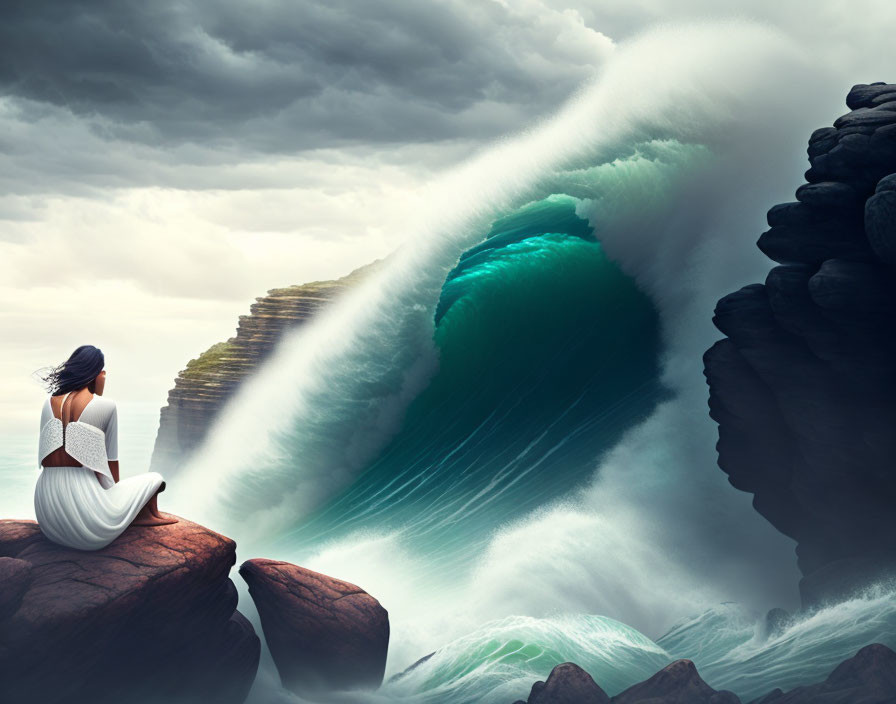 Woman in white dress gazes at massive wave over stormy sea