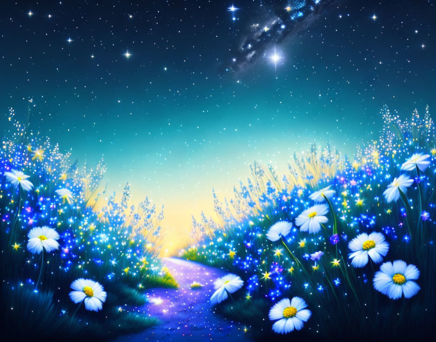 Vibrant night scene with star-filled sky and glowing flowers