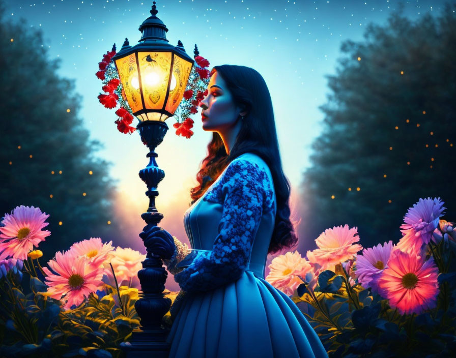 Woman in Blue Dress by Illuminated Street Lamp and Pink Flowers at Twilight