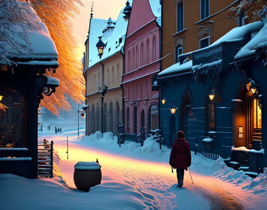 Snow-covered street with colorful houses and lit streetlamps at twilight