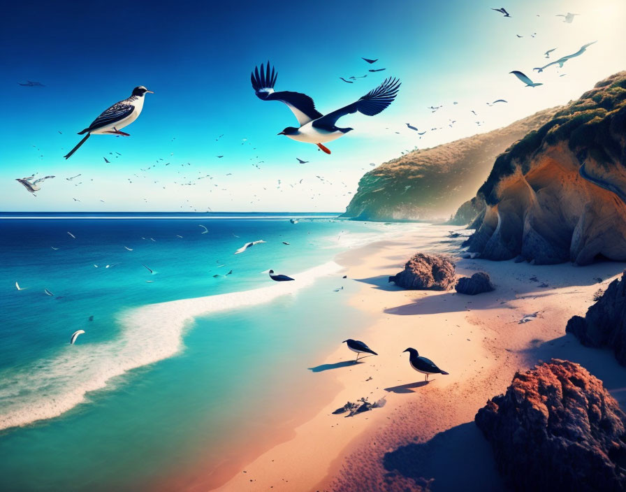 Soothing beach scene with birds, blue skies, sand, and rocks