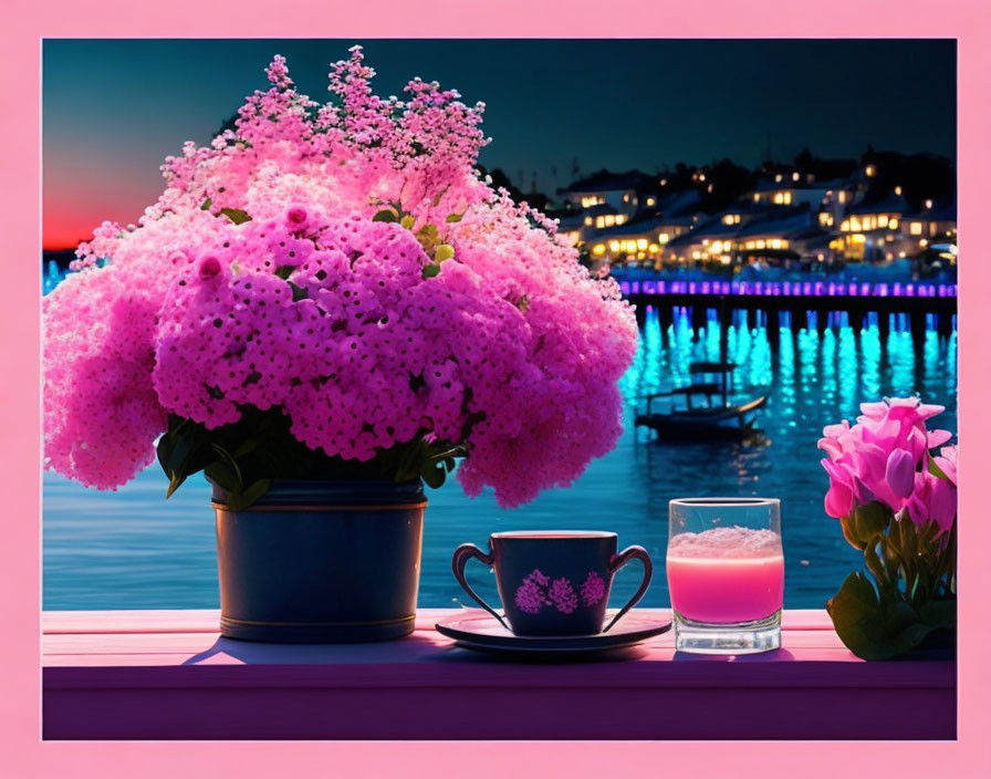 Pink potted hydrangea and floral cup on wooden table by twilight harbor.