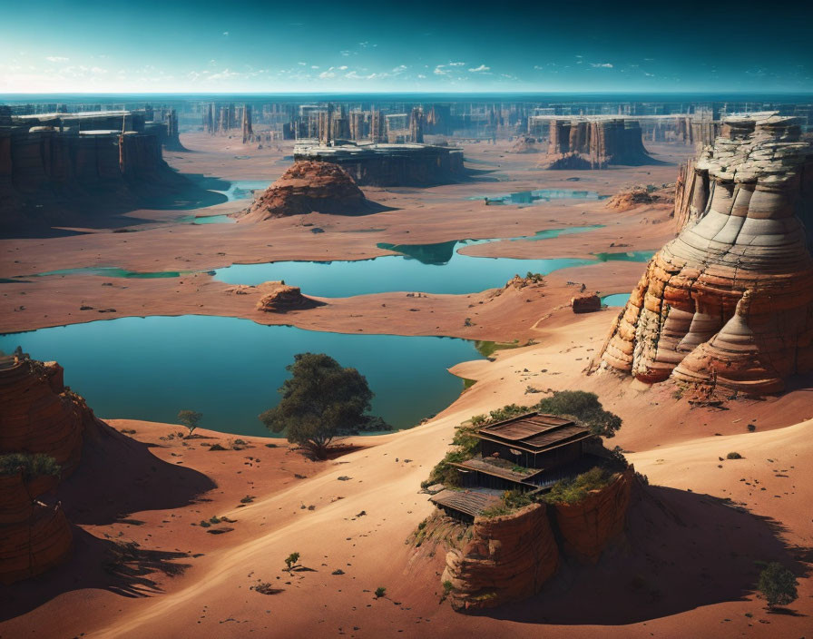 Futuristic desert landscape with shelter, rock formations, city, and blue water bodies