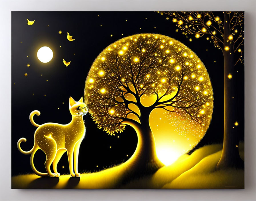 Luminous artwork of glowing cat, tree, moon, and stars