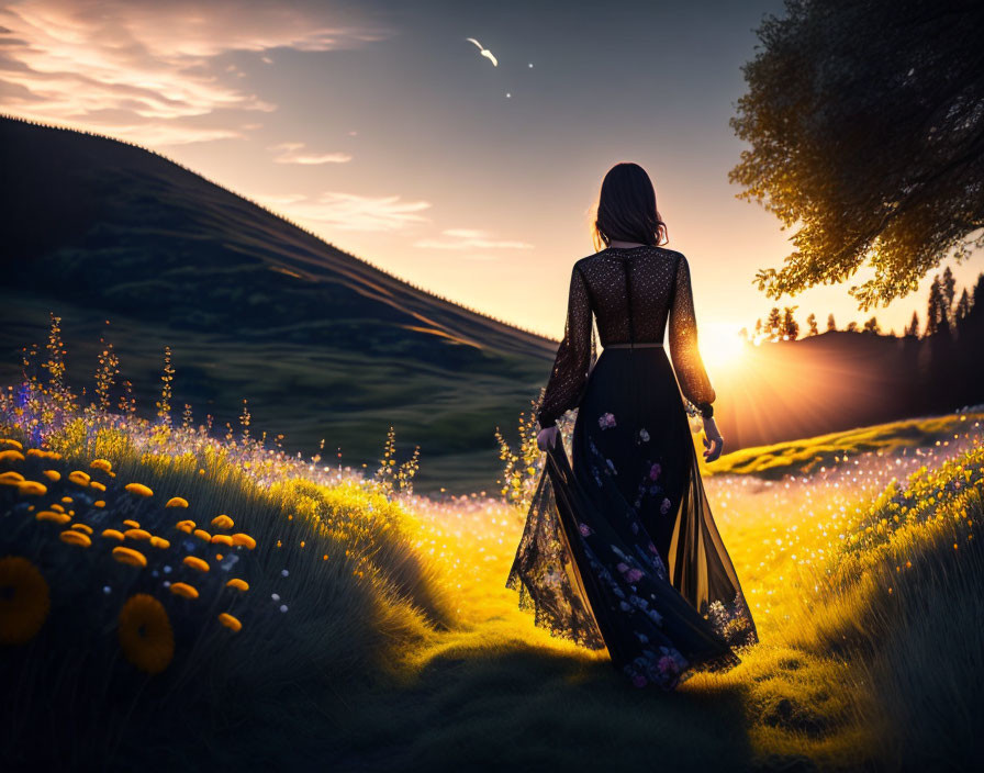 Woman in floral dress in sunset field with starry sky