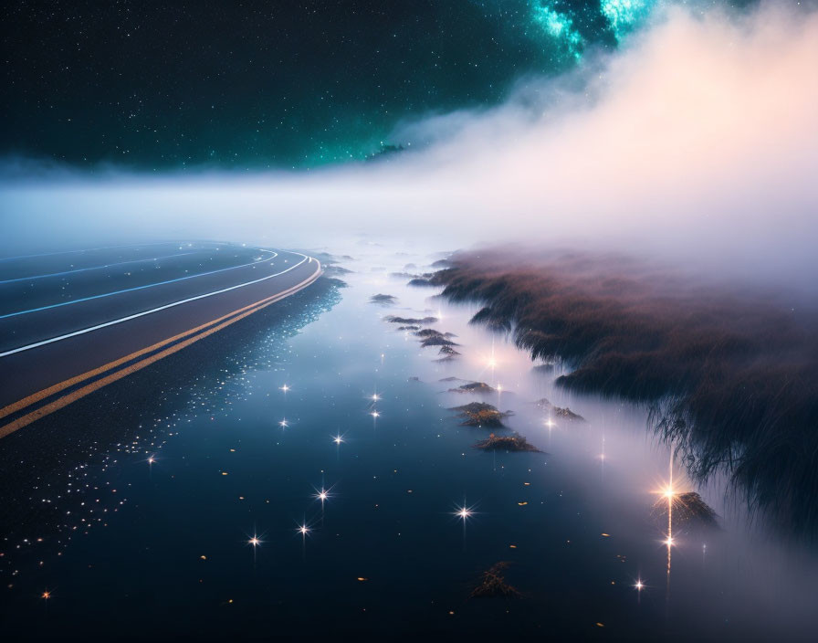 Winding Road at Night with Reflective Markings and Aurora-lit Sky