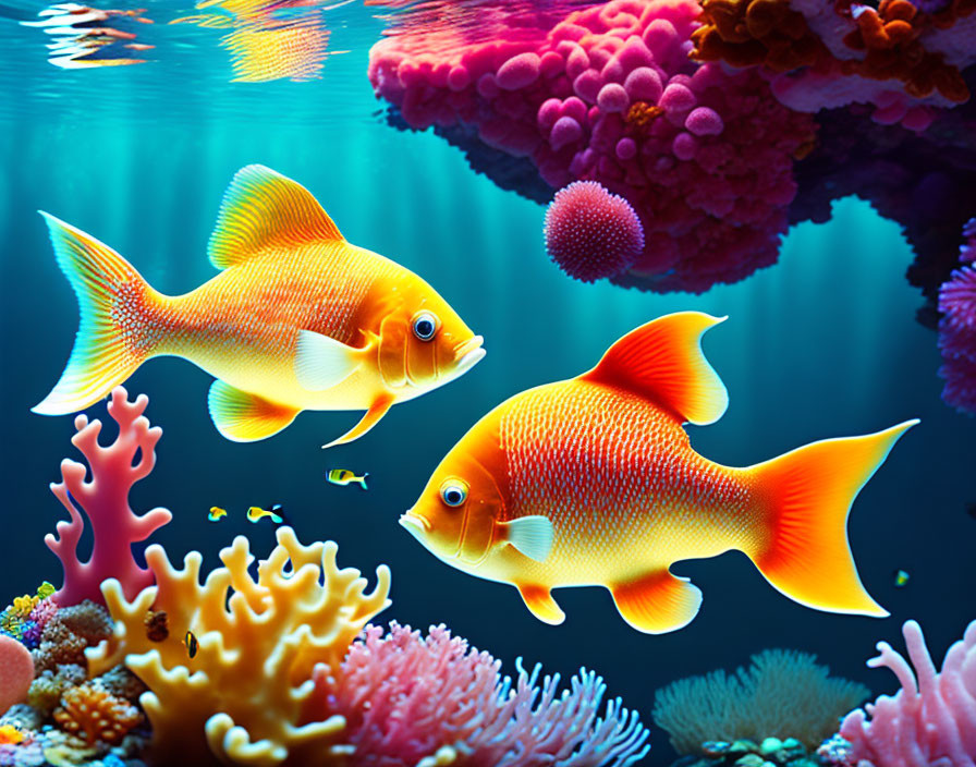 Vibrantly colored orange fish among colorful coral reefs underwater