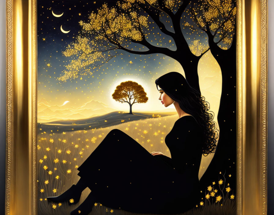 Illustration of woman under twilight tree with stars and fireflies in window frame