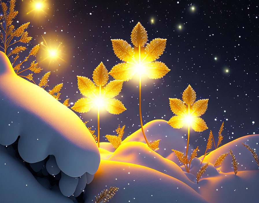 Golden Leaves Winter Scene on Snowy Hills Under Starry Sky