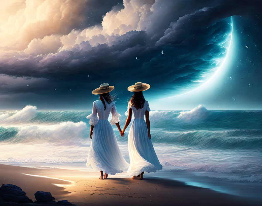 Couple holding hands on beach with surreal ocean wave and comet in sky