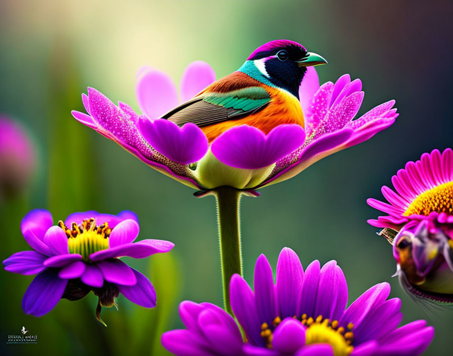 Ptáček odpočívá na květině