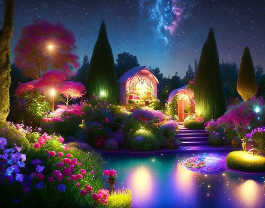 Vibrant flowers in illuminated night garden with glowing gazebo, starry sky, and fireworks