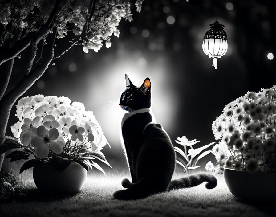 Black cat under tree at night with lantern and illuminated flowers