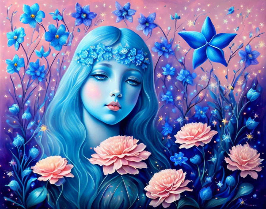 Fantastical illustration of woman with blue hair and vibrant flowers