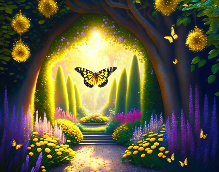 Enchanted forest pathway with glowing flowers, butterfly, and fireflies