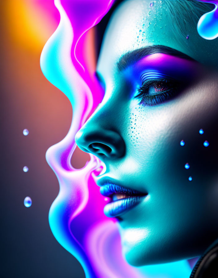 Neon-colored close-up of a woman's face with digital makeup concept