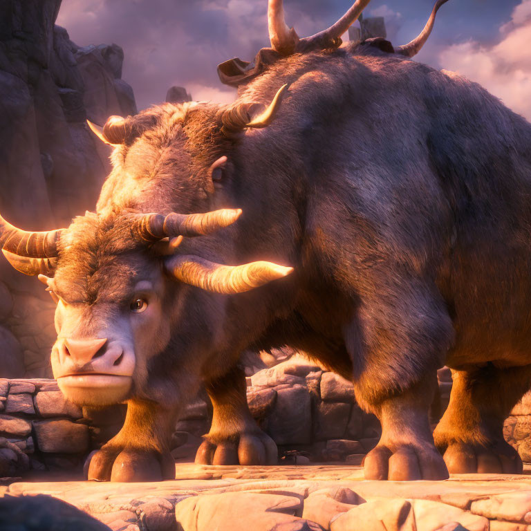 Stylized animated yak with prominent horns on rocky terrain