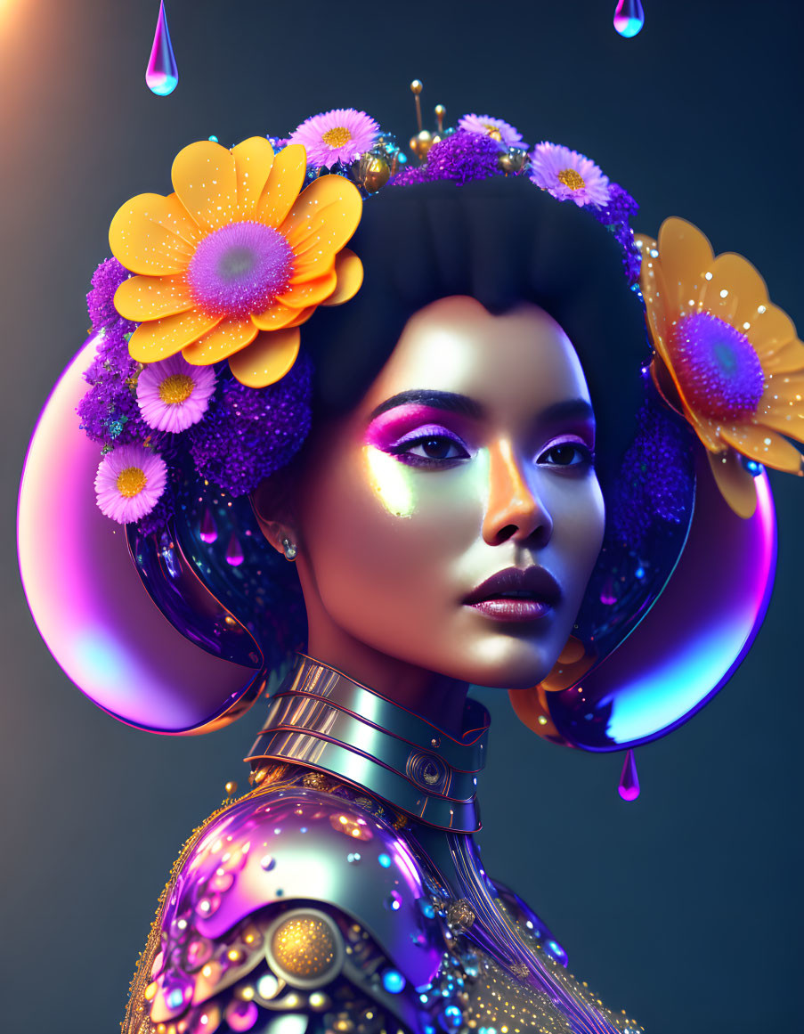 Futuristic woman with floral headpiece and iridescent skin in metallic armor surrounded by glowing orbs