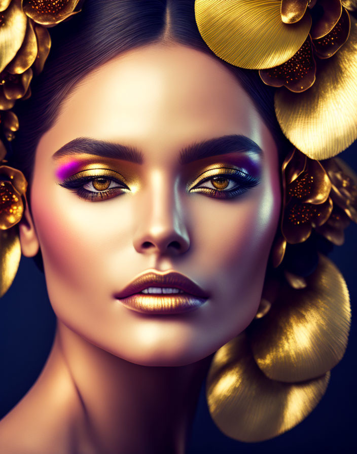 Vivid Purple Eyeshadow and Gold Lipstick Woman with Golden Floral Hair Accessories on Dark Background