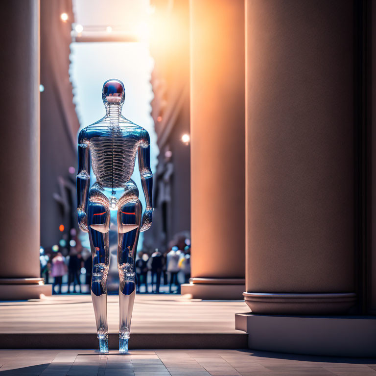 Transparent anatomical mannequin in grand hall at sunset