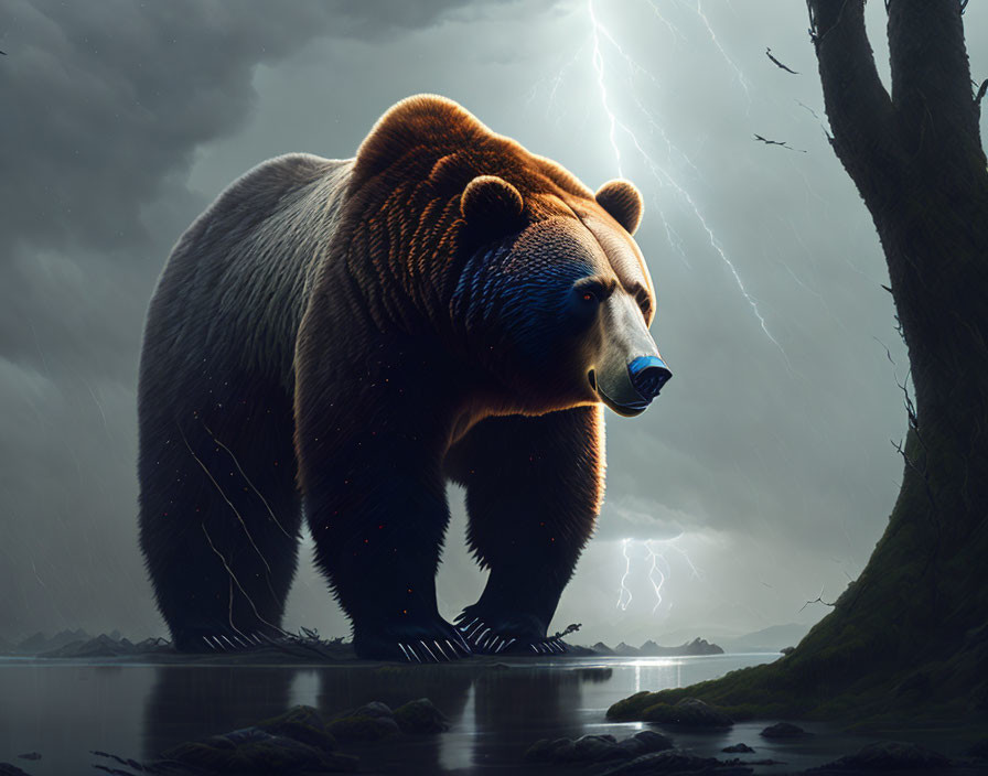 Large bear next to tree near lake under stormy sky with lightning