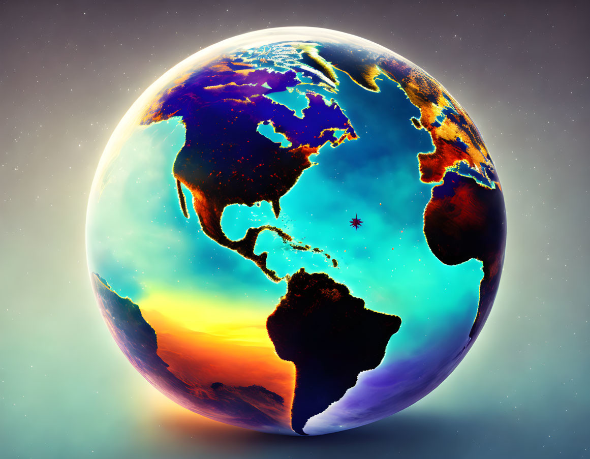 Vibrant digital Earth illustration with warm and cool colors