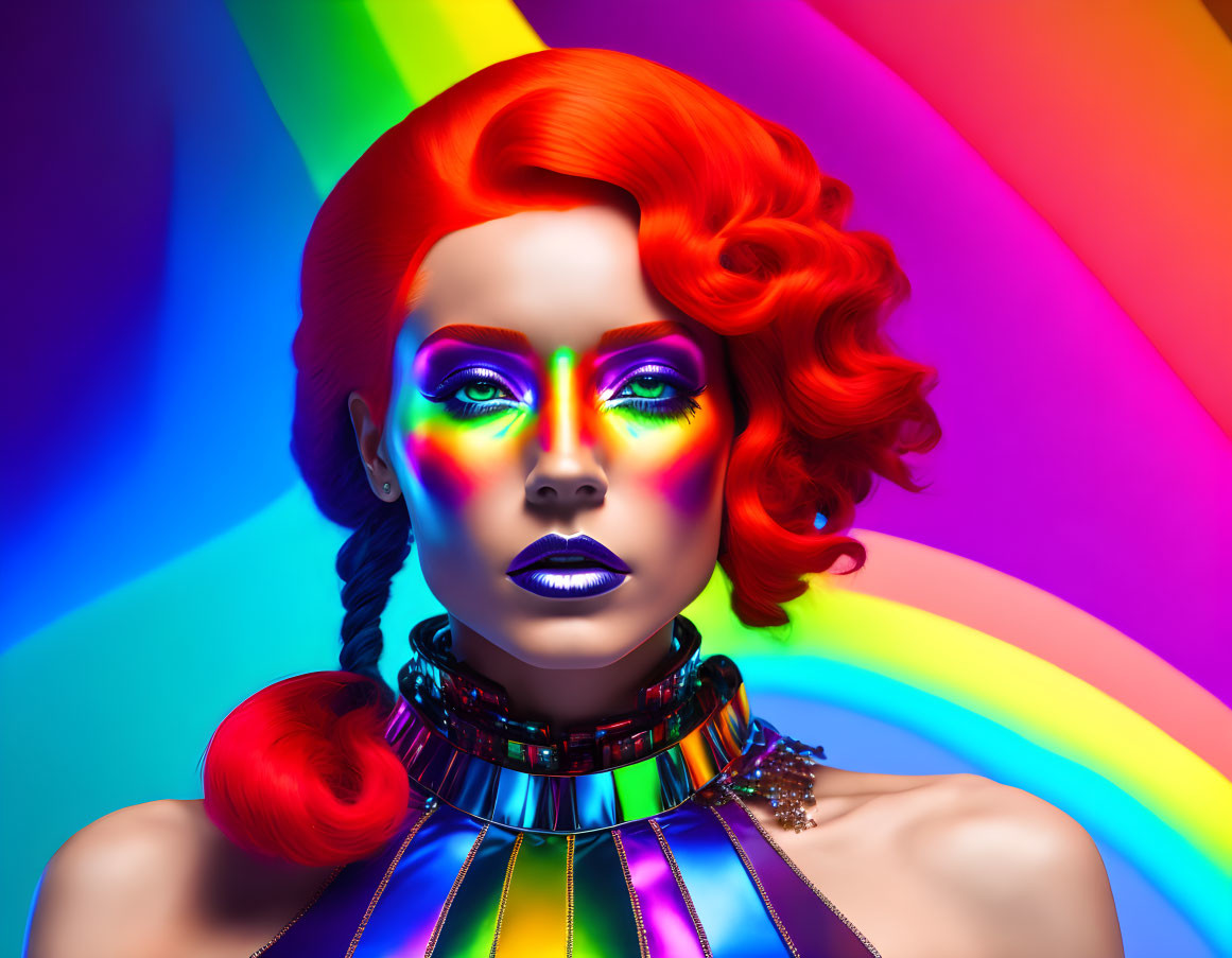 Colorful portrait of woman with red hair in rainbow light on rainbow backdrop