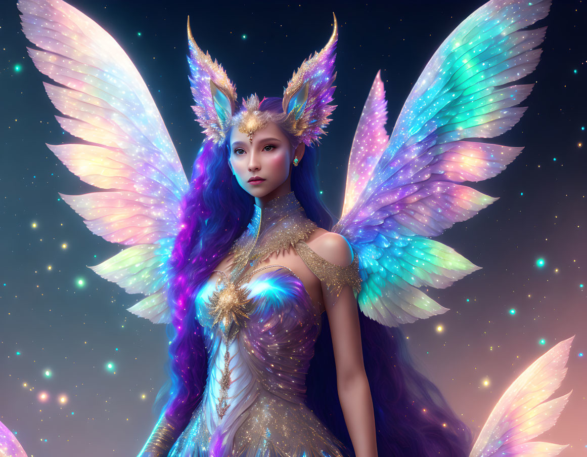 Fantastical creature with iridescent wings and golden armor on starry background