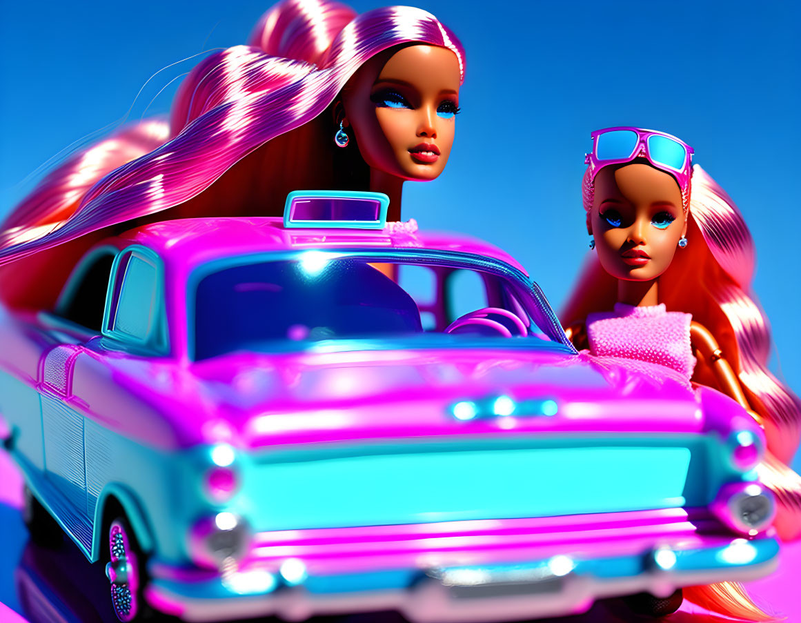 Stylized dolls with flowing hair posing by pink car under blue sky