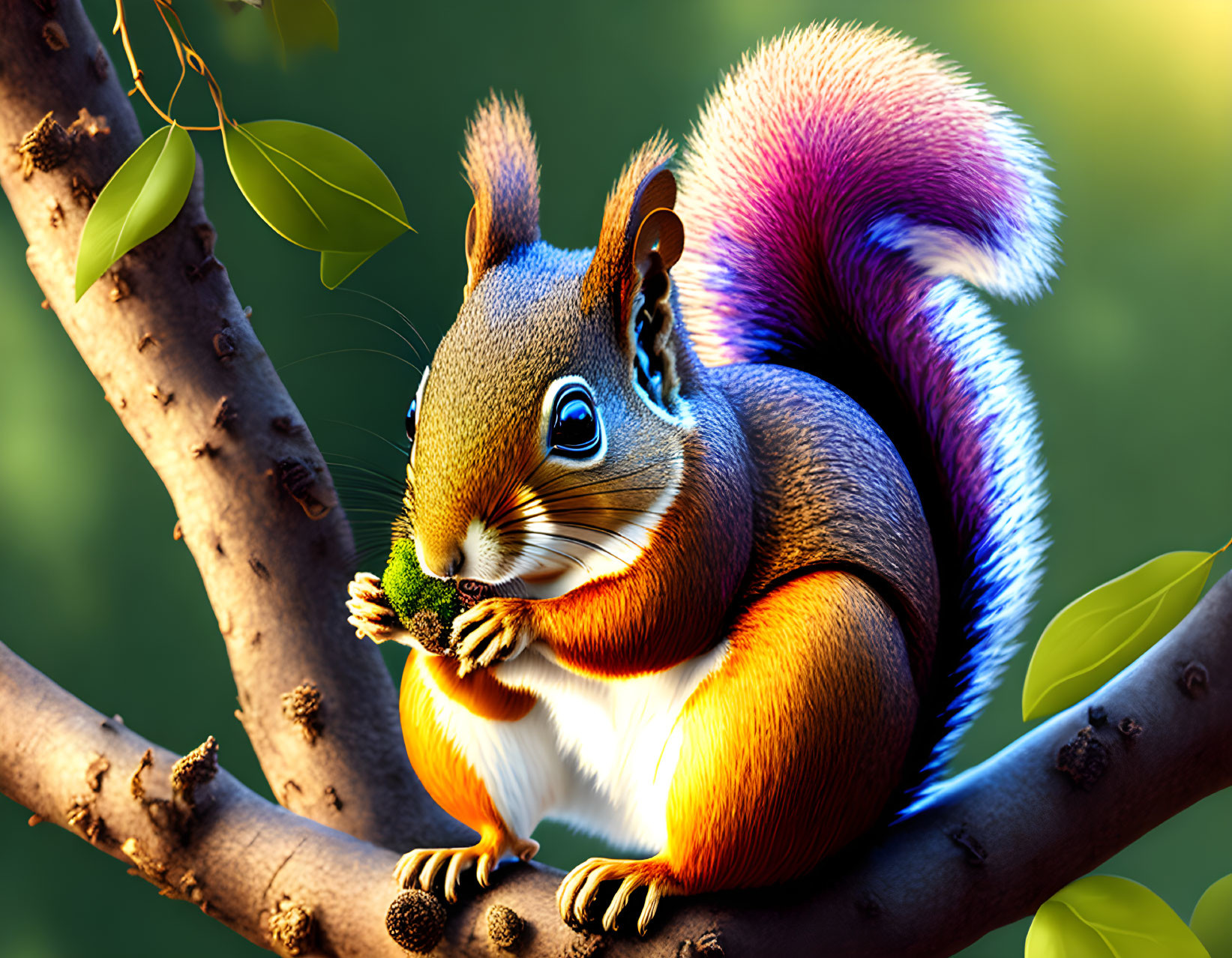 Colorful squirrel with purple tail eating nut in forest scene