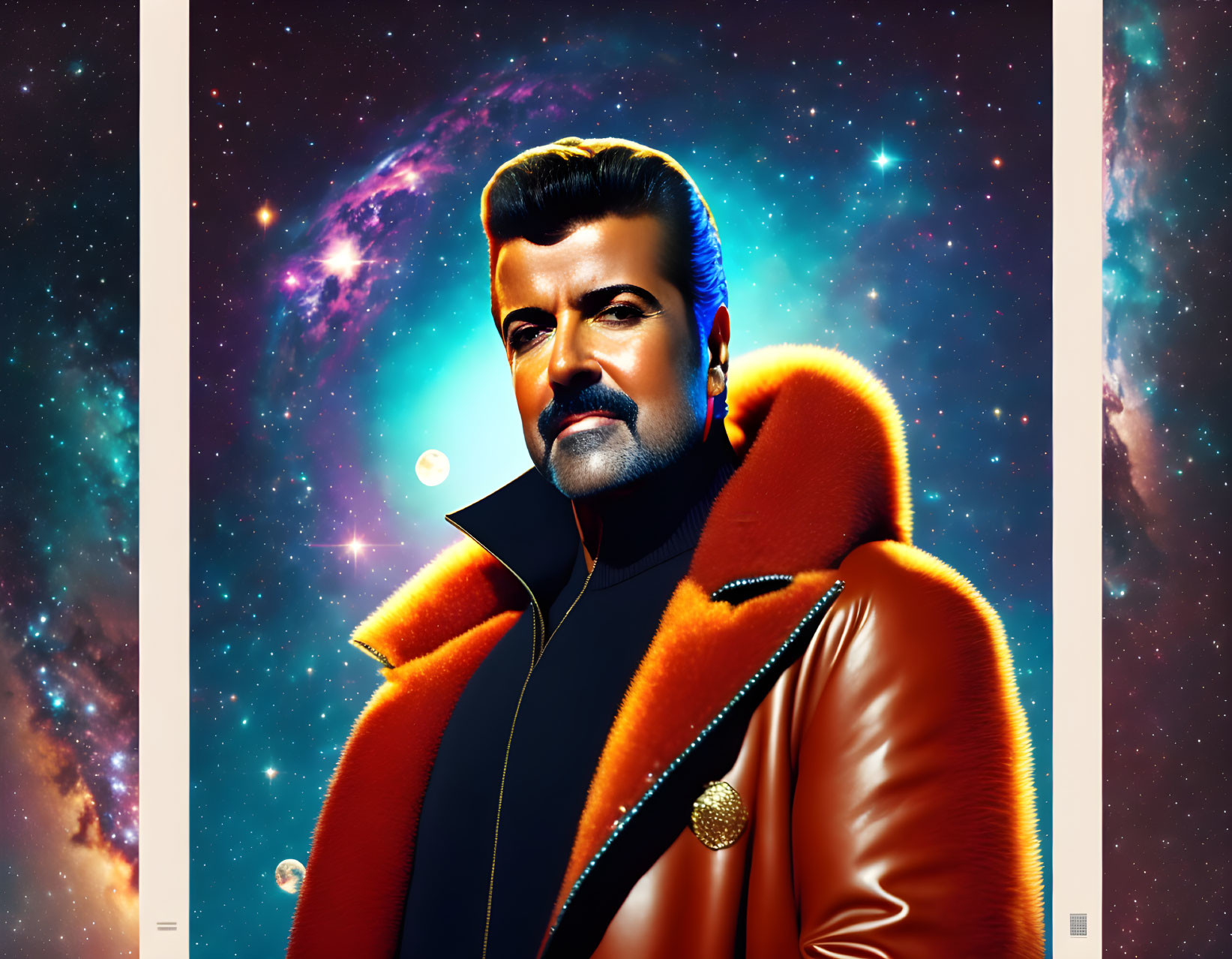 Vibrant orange jacket man portrait against cosmic space background