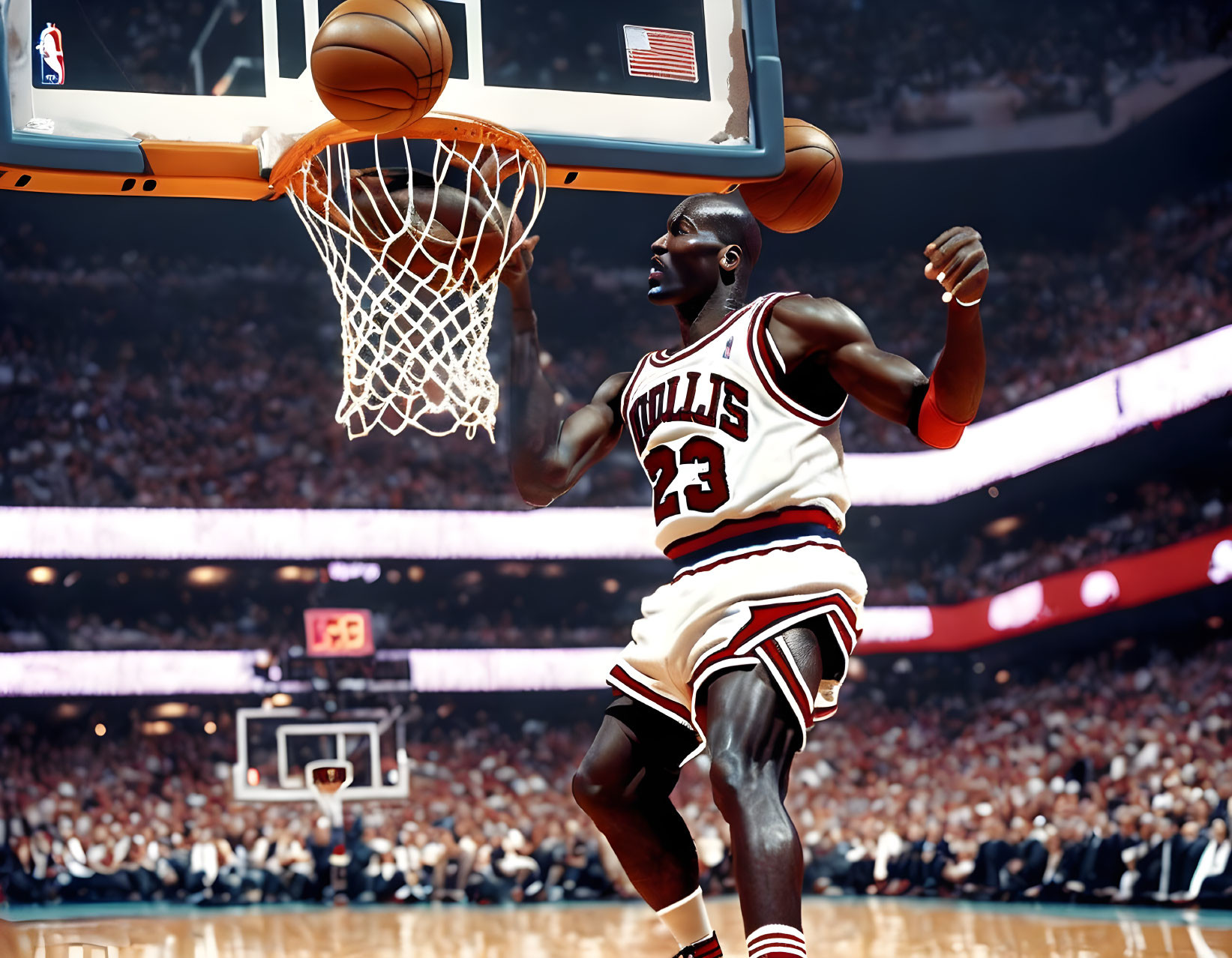 Basketball player in white and red uniform jumping near basket with number 23 in indoor arena full of