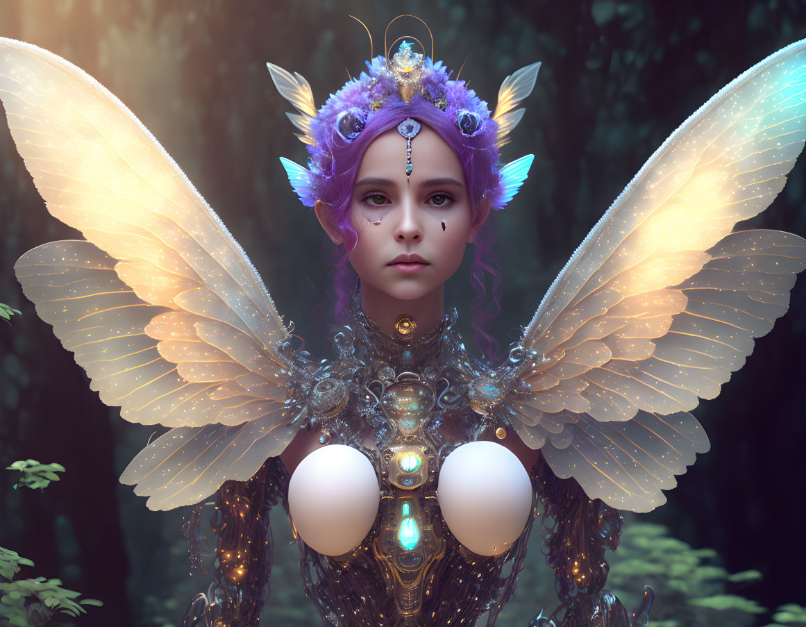 Fantasy female character with iridescent wings and ornate armor in mystical forest